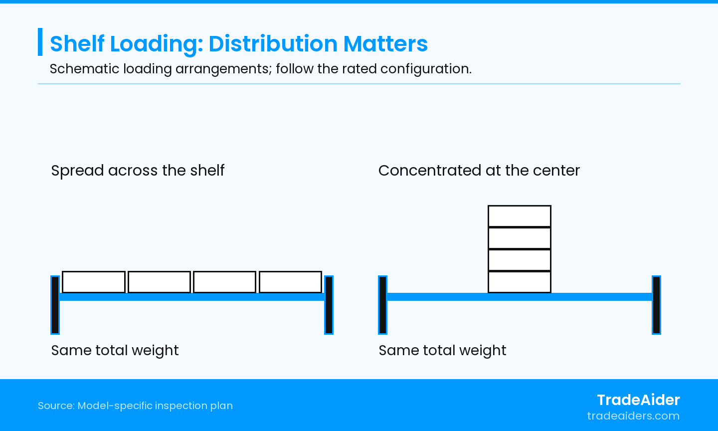 Schematic comparison, not a test result: equal total weight does not reproduce the same loading condition. Use the distribution specified for the rated model.