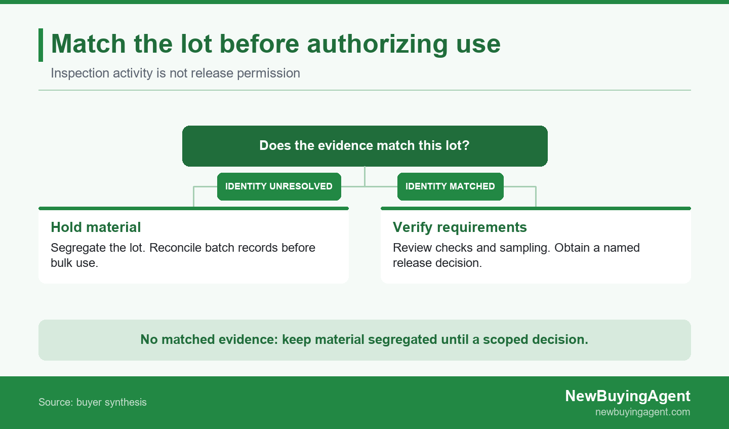 Matched material evidence supports a defined receiving decision; unresolved identity stays on hold.