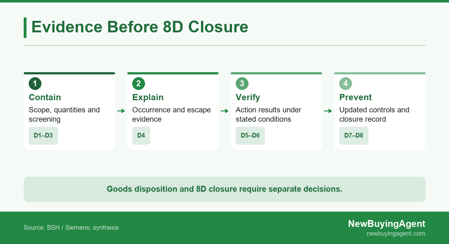 Supplier 8D review links containment, verified causes, proven actions and recurrence controls.