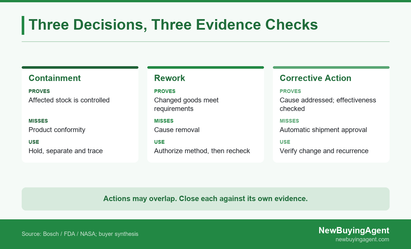 Containment controls exposure, rework checks current goods, and corrective action verifies prevention of recurrence.