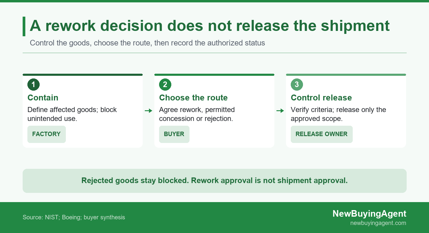 Holding goods or approving rework does not authorize shipment; release needs evidence and an authorized decision.