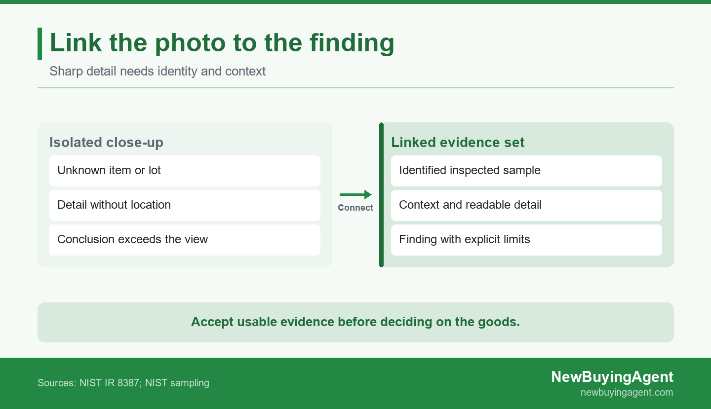 A linked photo set identifies the sample, shows the finding, and states its limits.