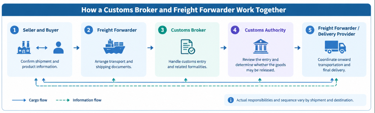 Diagram showing how a freight forwarder and customs broker coordinate an international import shipment.