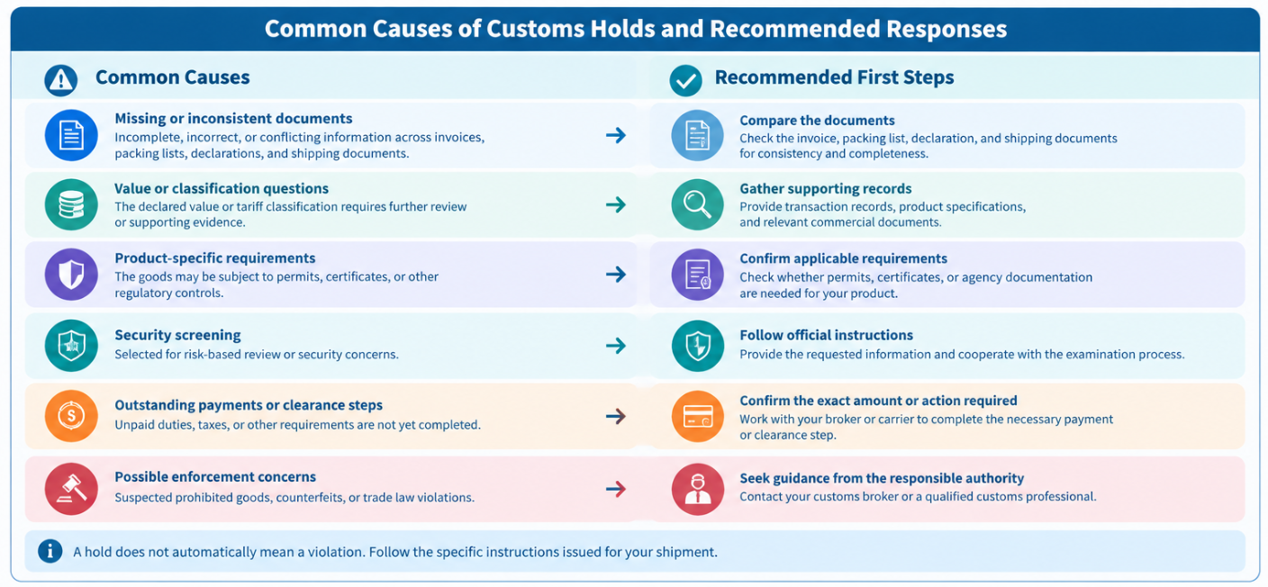 Infographic showing common causes of customs holds, including document discrepancies, valuation questions, product requirements, security screening, unpaid charges, and enforcement concerns.