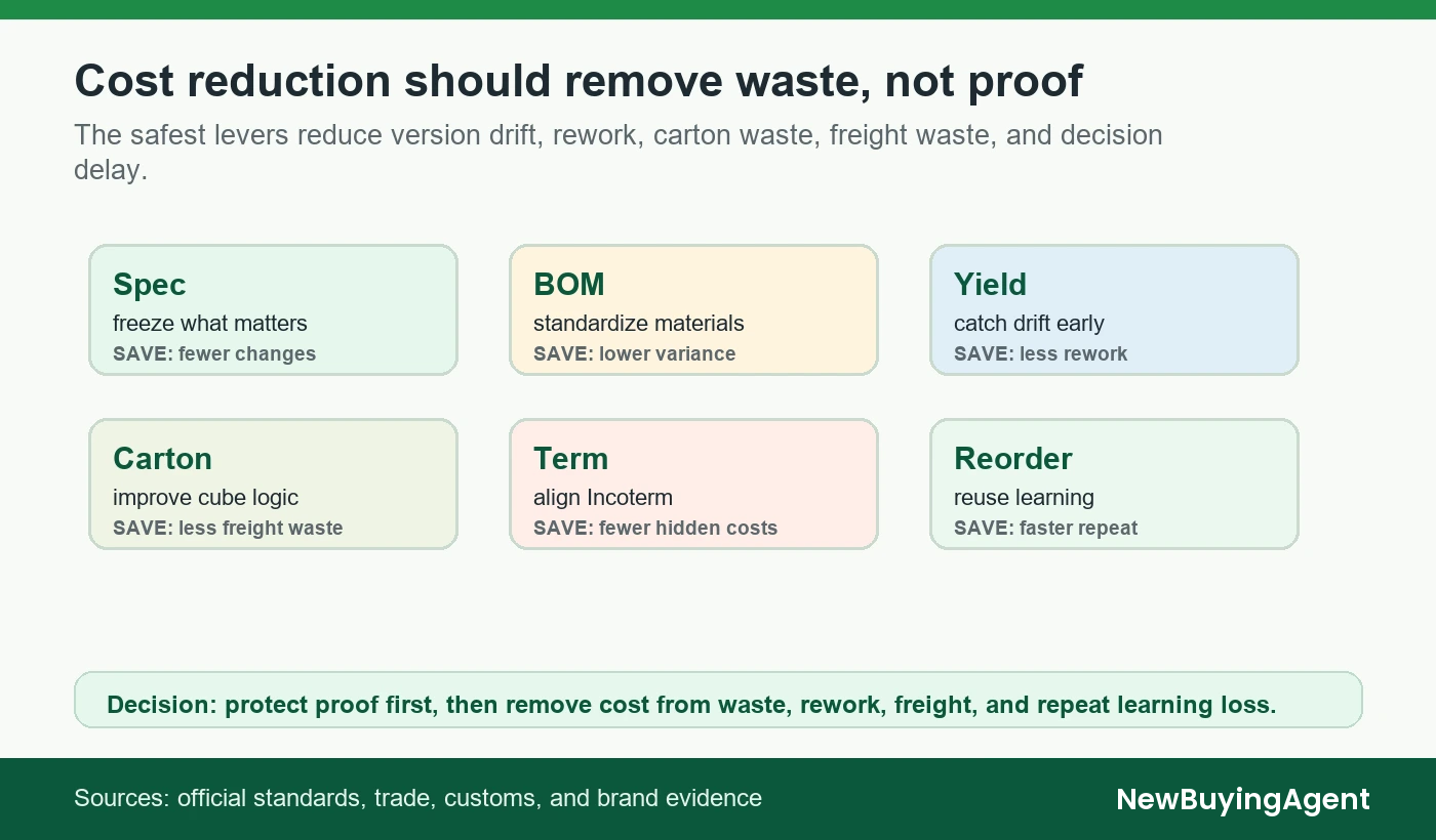 The safest levers reduce version drift, rework, carton waste, freight waste, and decision delay.
