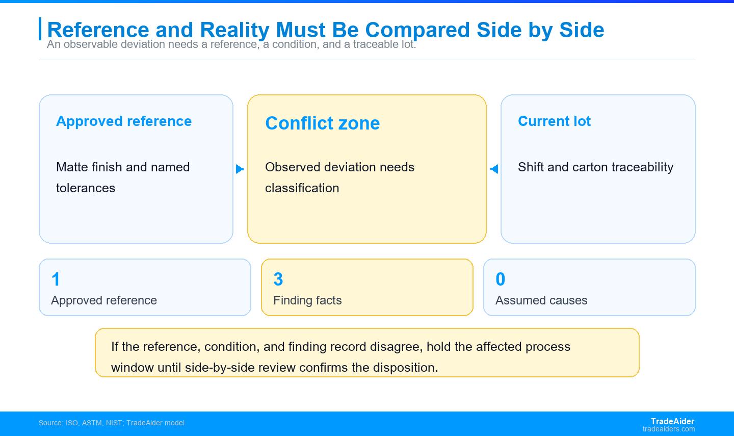 A visual finding becomes decision-ready when the approved reference, observation conditions, and lot traceability are recorded together.