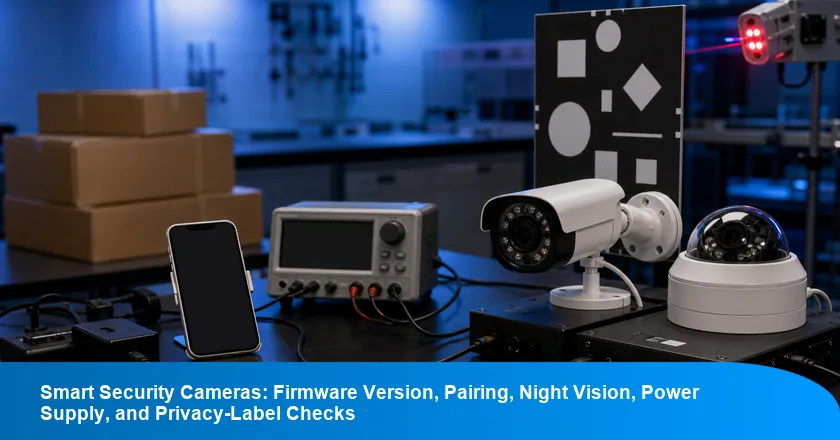 Smart Security Cameras: Firmware Version, Pairing, Night Vision, Power Supply, and Privacy-Label Checks