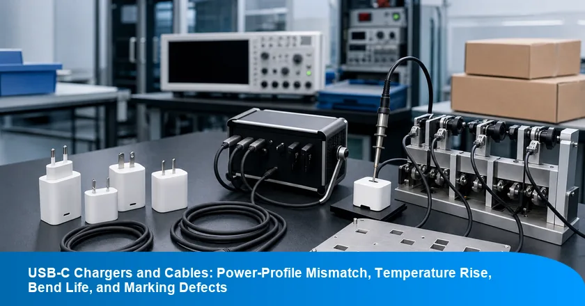 USB-C Chargers and Cables: Power-Profile Mismatch, Temperature Rise, Bend Life, and Marking Defects