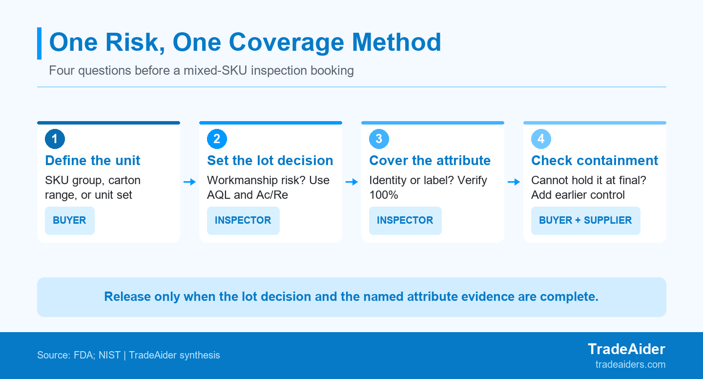 Use the four gates to assign each mixed-SKU risk to the evidence method that can actually cover it.
