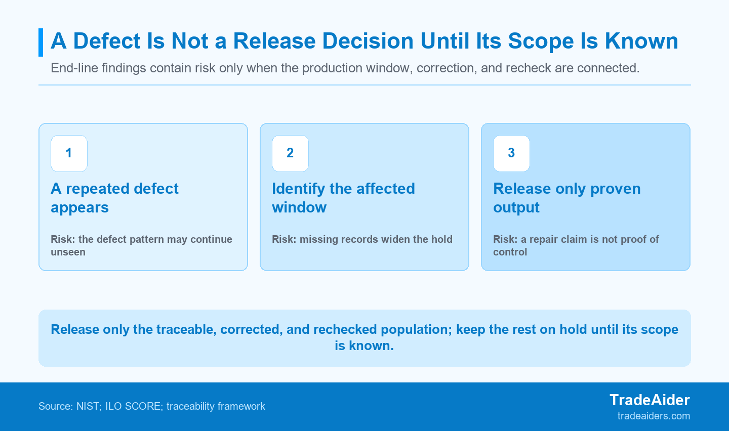 End-line inspection is most useful when a defect can be turned into a bounded hold and a documented recheck—not simply a repair instruction.