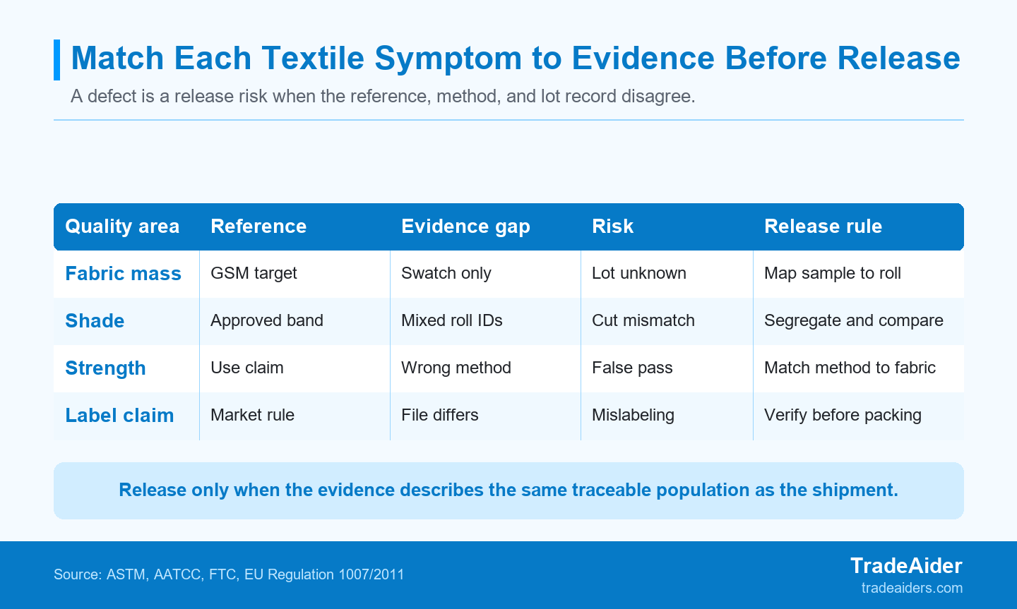 A textile symptom becomes controllable only when the reference, verification method, and lot record support the same release decision.