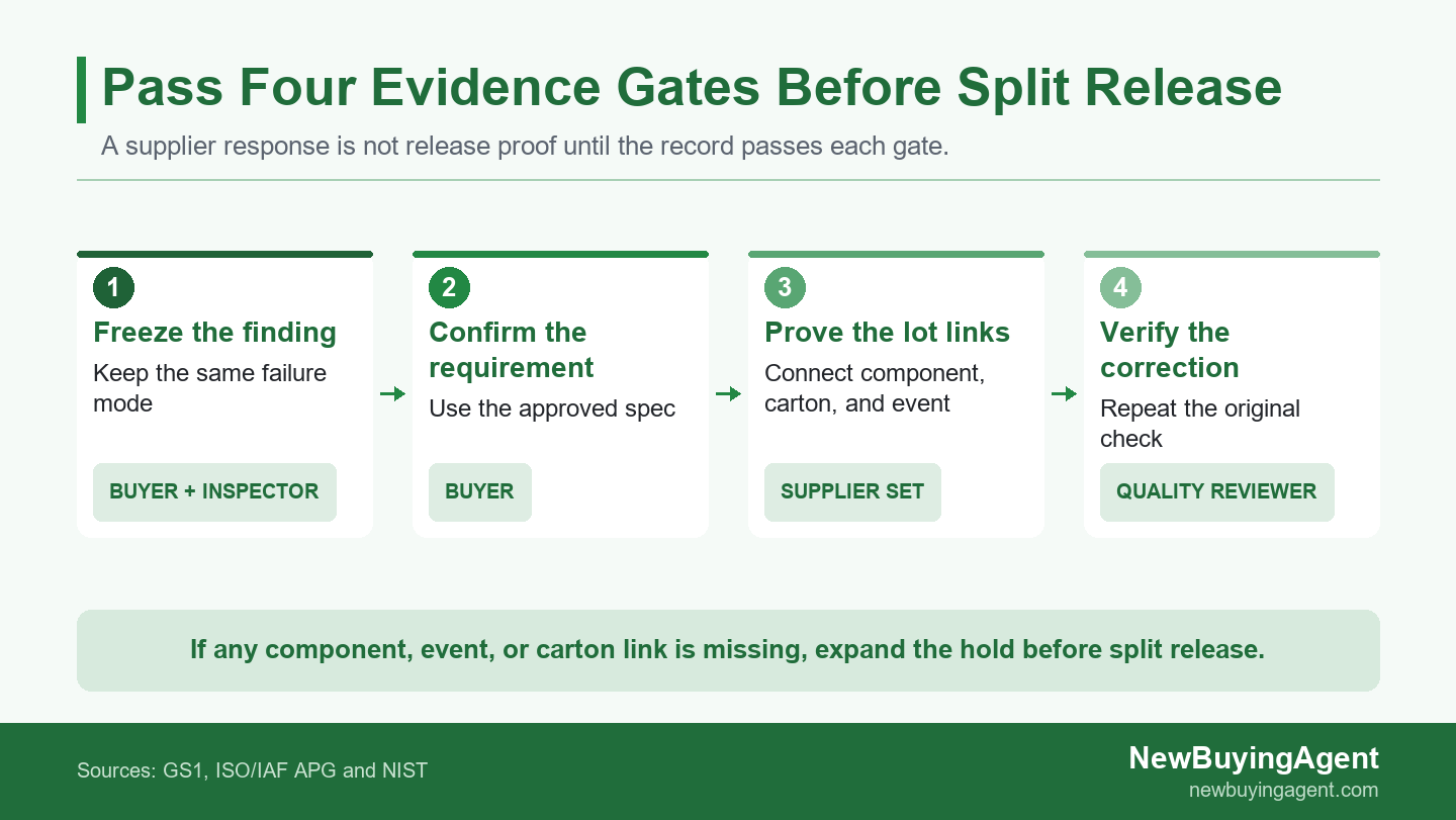 Four release gates showing how missing lot links block split release