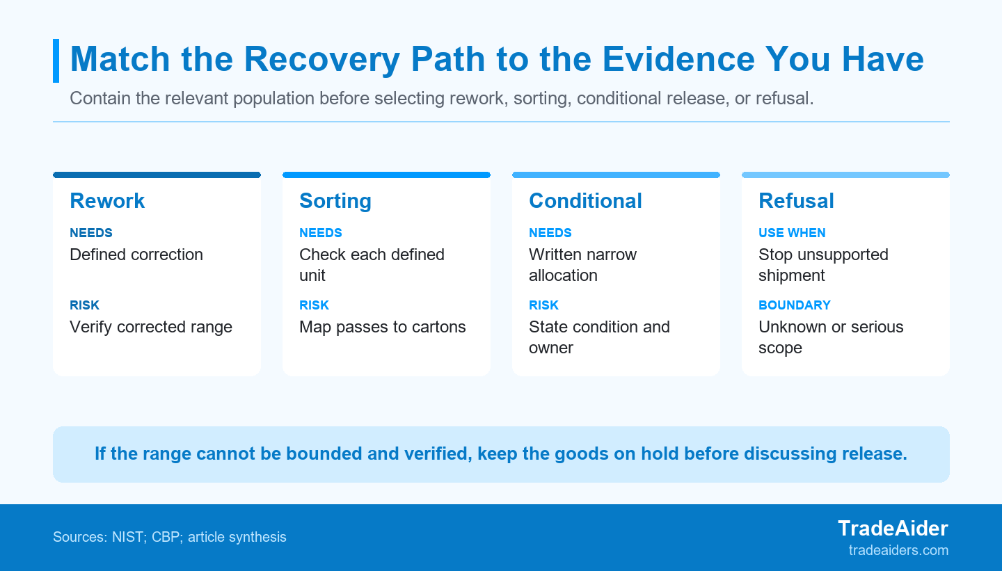 Choose the recovery path that the defect impact, traceability, correction proof, and written release boundary can support.