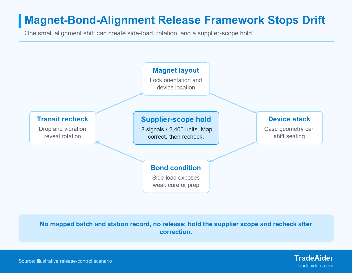 When a seating change exposes bond rotation, release waits for traceable correction and post-cure rechecks—not another isolated attachment result.