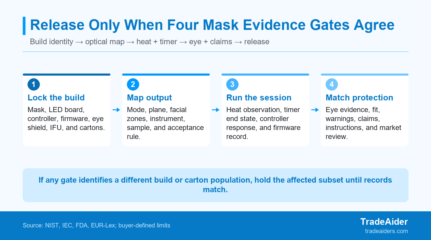 Use the four gates to confirm that every record and carton describes the same LED beauty-mask configuration before release.