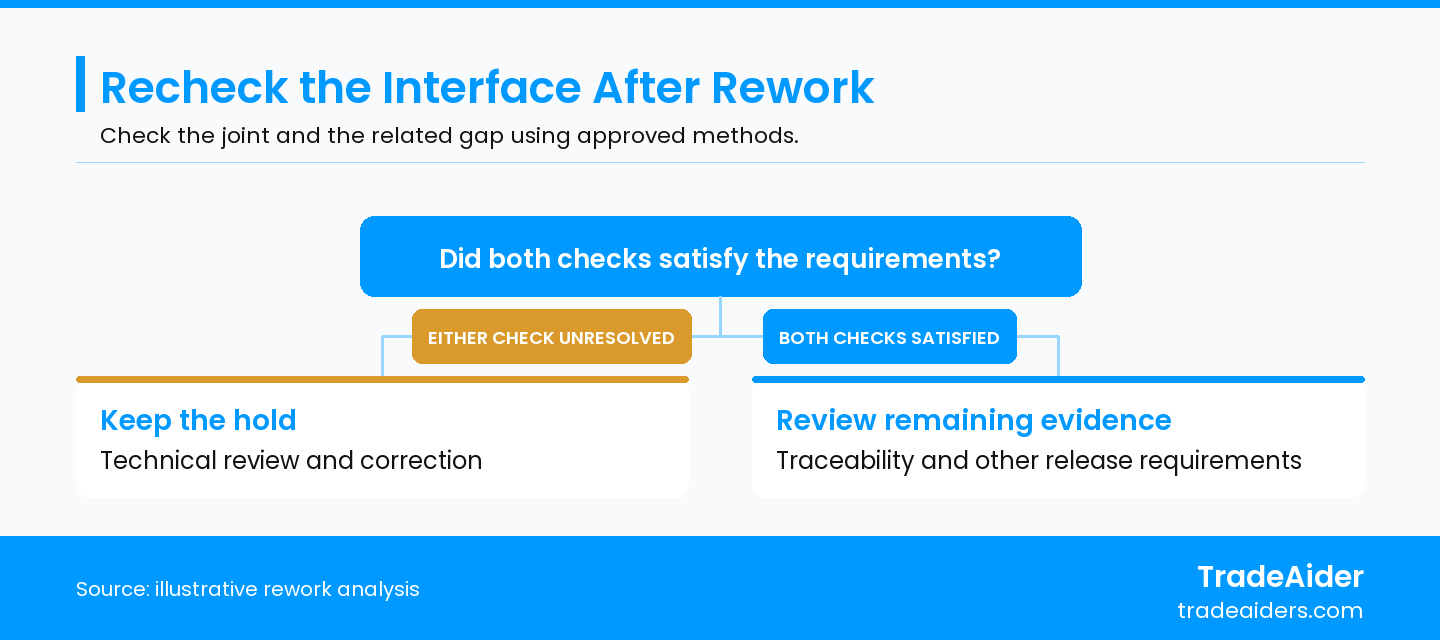 Rework closes only when the affected requirements are verified; other release requirements still apply.