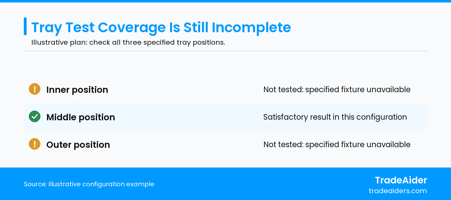 Illustrative plan: two required positions remain untested. A missing result is neither a pass nor proof of failure.