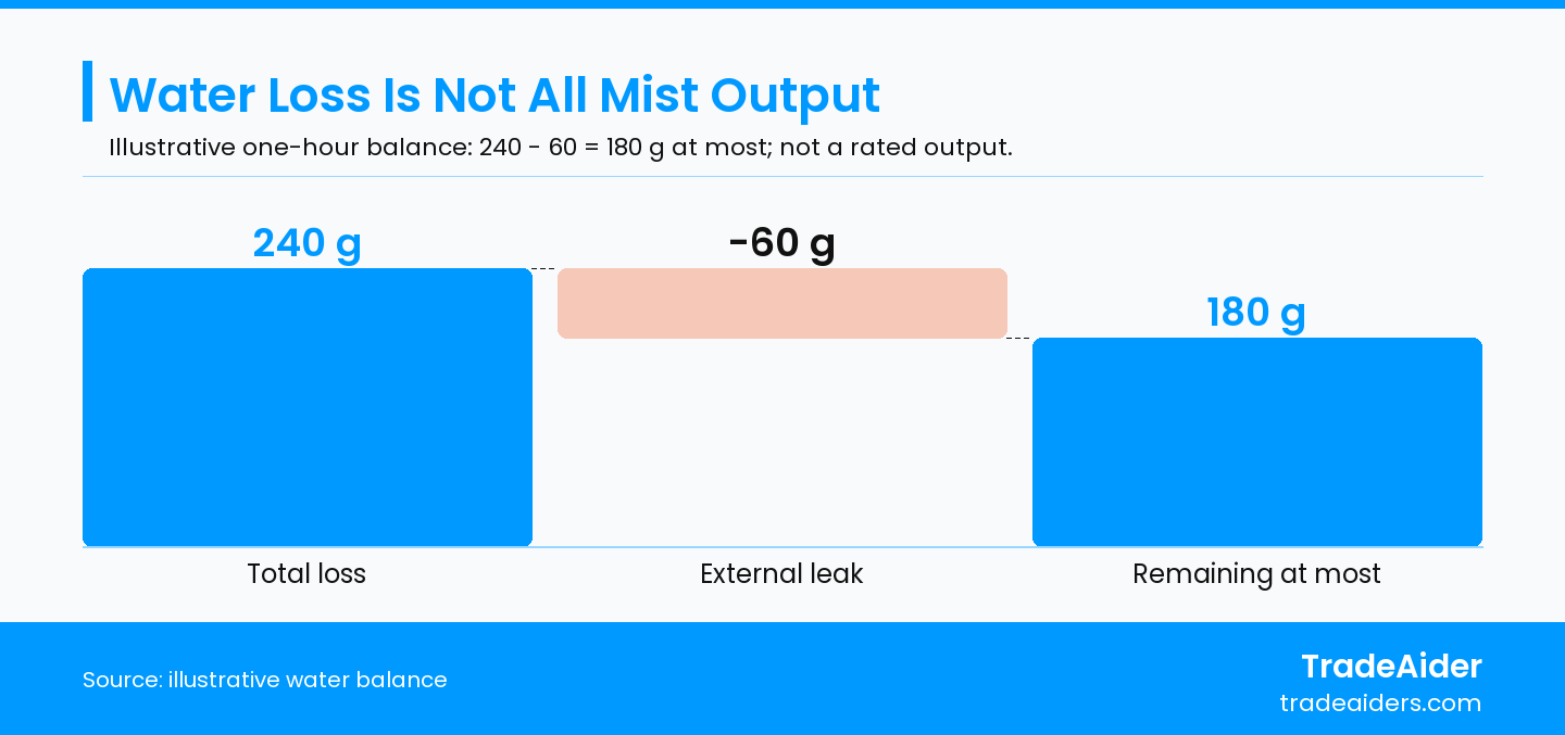Illustrative one-hour accounting. The remaining mass is an upper bound, not a certified output rating.