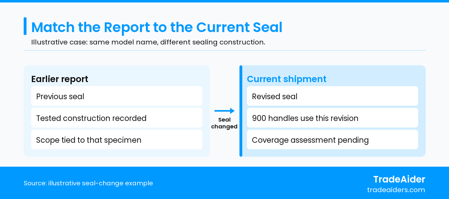 Illustrative construction change. A matching model name does not by itself establish that the earlier report covers the revised seal.