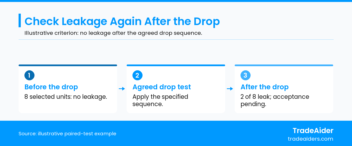 Illustrative criterion: no leakage after the drop. These paired observations are not a prescribed sample size or drop procedure; the earlier result cannot establish post-drop performance.