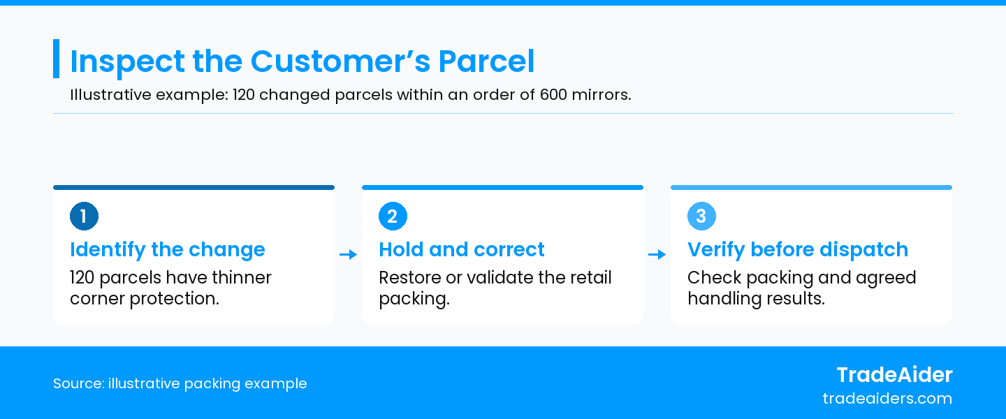 Illustrative example: the changed retail parcels require their own packing verification; an export-carton observation does not answer that question.