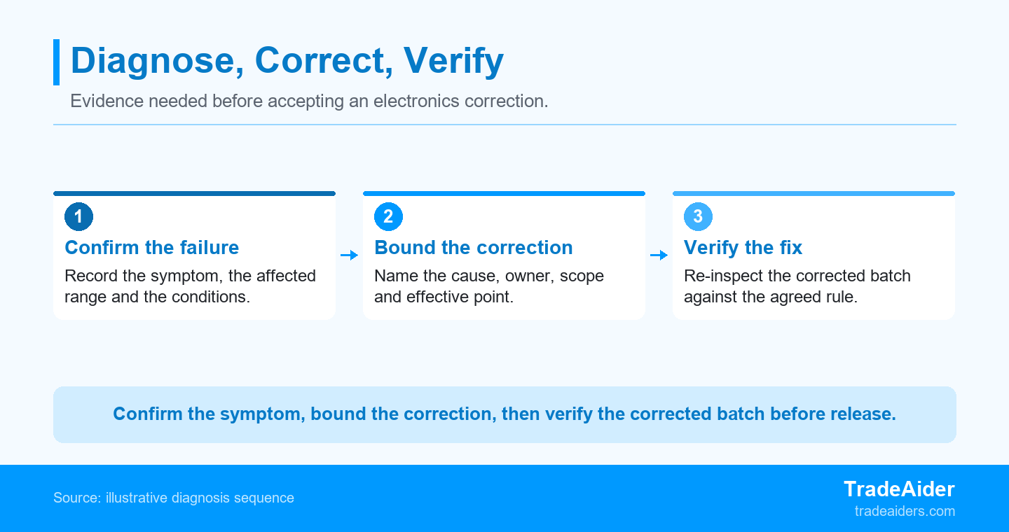 Illustrative diagnosis sequence: a confirmed failure does not verify a correction until the corrected batch passes the agreed rule.
