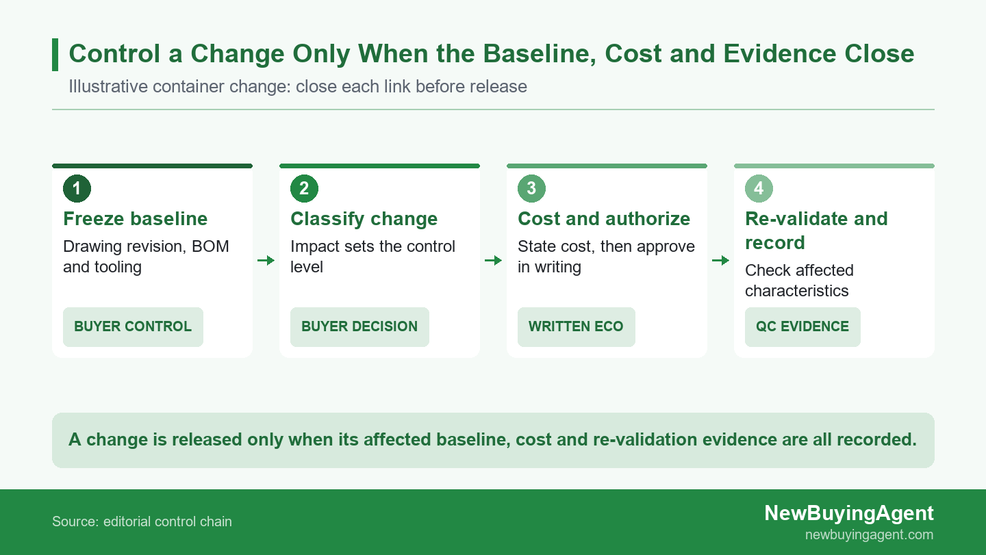 Four-stage change-control sequence linking a frozen baseline, a change class, a costed written authorization and re-validation records
