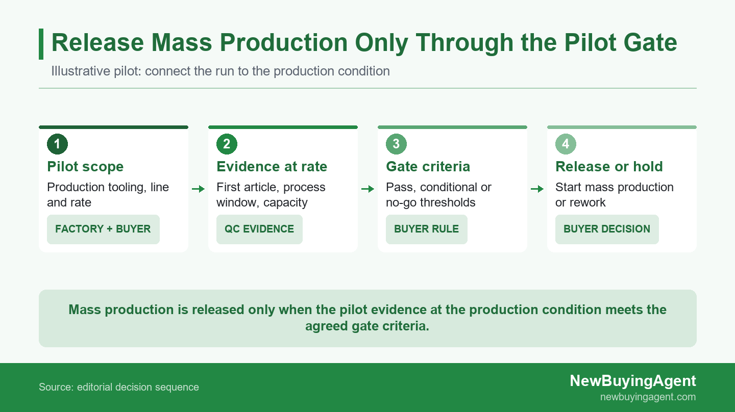Four-stage sequence linking pilot scope, production-rate evidence and gate criteria to a release or hold decision