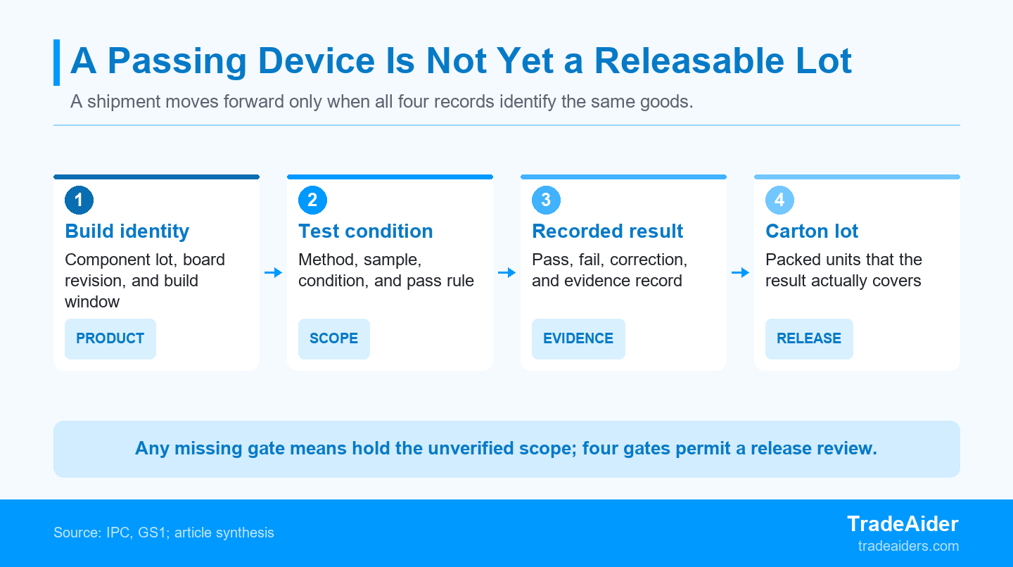 A functional pass supports release only when the test and shipment records identify the same electronic build and lot.
