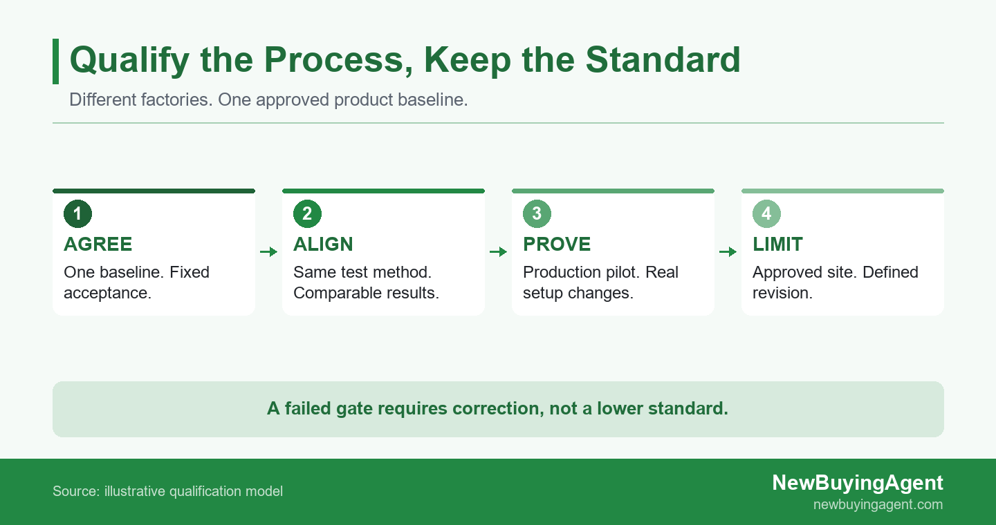 Four qualification gates keep the same product standard from baseline agreement to scoped approval